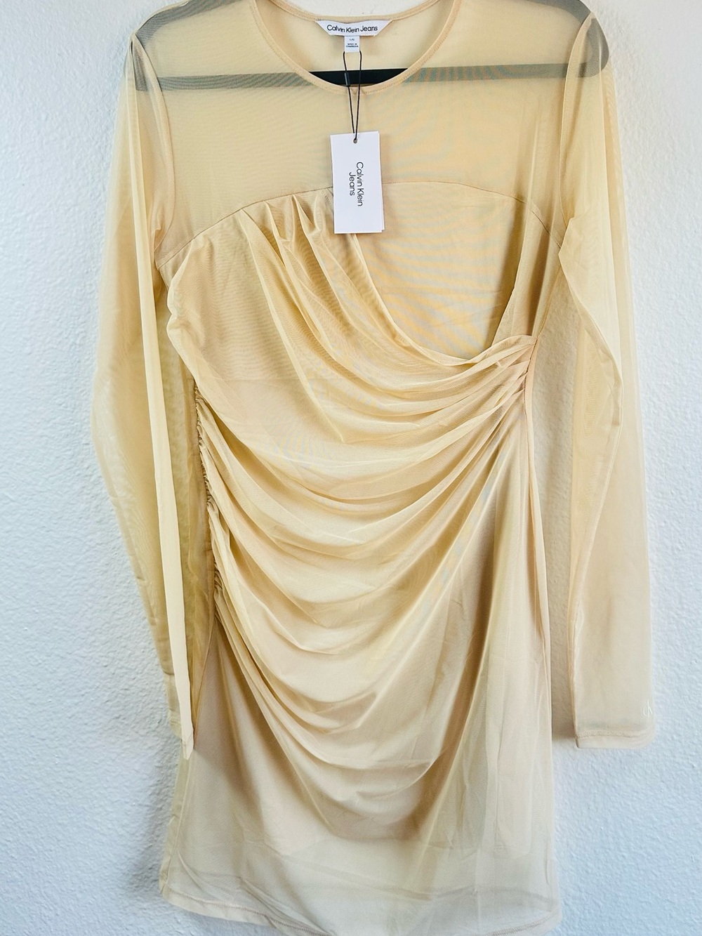 Calvin Klein Pale Yellow Ruched Long-Sleeve Mesh Dress